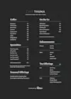 A black café menu lists coffee, specialties, seasonal offerings, on-the-go drinks, enhancements, and tea offerings with prices. The café name, Café Thuma, appears at the top with an address in New York, NY.