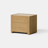 A wooden nightstand with a light natural finish, featuring two drawers and rounded corners, displayed against a plain white background.