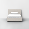 A modern, minimalist beige upholstered bed with a white mattress, white sheets, and a single white pillow, placed against a plain white wall on a light gray floor.
