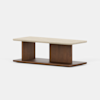 Rectangular coffee table with a light-colored stone top, wooden base, and two vertical wooden supports connecting the top and bottom panels. Modern, minimalist design.