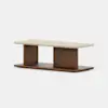Rectangular coffee table with a light-colored stone top, wooden base, and two vertical wooden supports connecting the top and bottom panels. Modern, minimalist design.