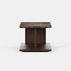 Square wooden side table with a dark marble top, central support, and a flat wooden base, set against a plain white background.