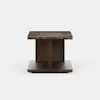 Square wooden side table with a dark marble top, central support, and a flat wooden base, set against a plain white background.