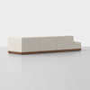 A modern, minimalist sectional sofa with light beige upholstery and a wooden base, shown from the back against a plain white background.