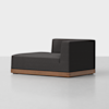 A modern, dark gray chaise lounge with a low wooden base and a right armrest, set against a plain light background.