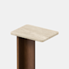 A modern table with a rectangular beige stone top and a vertical wooden base, shown against a plain white background.