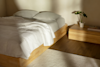 A neatly made bed with white bedding sits beside a wooden nightstand holding a small potted plant and a book, all illuminated by natural sunlight in a cozy, minimalistic bedroom.