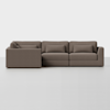 A modern, brown sectional sofa with three seats, wide armrests, and rectangular back and seat cushions, placed on a plain white background.