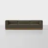 A modern, dark olive green modular sofa with three seating sections and a wooden base, set against a plain white background.