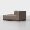 A modern brown chaise lounge with clean lines, a low backrest, and a wooden base, set against a plain white background.