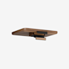 A modern, rectangular wooden ceiling light fixture with layered black and wood accent bars beneath, set against a plain white background.