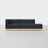 A modern sectional sofa with dark navy upholstery and a light wooden base, featuring a left armrest and an extended chaise on the right, set against a plain light background.