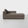 A modern, minimalist chaise lounge in brown fabric with a left armrest and two matching cushions, set against a plain white background.
