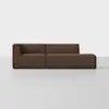 Two-piece modular sectional sofa in dark brown textured fabric with a left armrest and open right end, set on a low dark wood base against a white background.