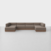 A large, modern, U-shaped sectional sofa with brown upholstery and a wooden base, placed on a light grey floor against a plain white background.