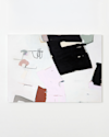 Abstract painting with large black, pink, and brown shapes, scattered brushstrokes, and fine black lines on a mostly white background. The artwork features geometric and irregular forms with a minimalist style.