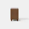A modern wooden nightstand with an open lower shelf and one drawer partially pulled out, standing on four short legs against a plain white background.