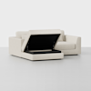 A beige upholstered storage ottoman with its cushioned lid open, revealing a spacious black interior compartment, sits on a smooth, light gray floor against a white background.