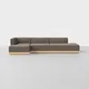 A modern, low-profile sectional sofa with brown upholstered cushions and a light wooden base, set against a plain white background on a light gray floor.