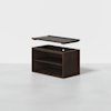 A dark wooden storage box with two shelves, shown with its rectangular lid floating above, revealing the open interior. The background is plain and white.