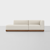 A modern, minimalist sectional sofa with light beige upholstery and a wooden base, set against a plain white background.