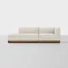 A modern, minimalist sectional sofa with light beige upholstery and a wooden base, set against a plain white background.
