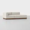 A modern beige sectional sofa with clean lines, low backrest, and wooden base, set against a plain white background.