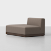 A modern, low-profile chaise lounge with brown upholstery, a right-side backrest, and a dark wooden base, set against a plain white background.