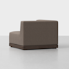 A modern armless corner sofa with brown upholstery and a dark wooden base, shown against a plain light background. The sofa has clean lines and a minimalist design.