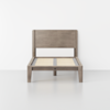 A minimalist wooden bed frame with a high rectangular headboard and exposed wooden slats, set against a plain white background.