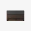 A dark brown wooden headboard with a rectangular gray padded section near the top, set against a plain white background. The design is modern and minimalistic.