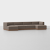 A modern sectional sofa with brown cushions and a wooden base, featuring a low back and clean lines, set against a plain white background.