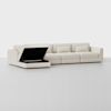 A modern, light beige sectional sofa with four seat cushions, three back cushions, and one open chaise lounge revealing hidden storage space inside. The background is plain and light gray.