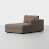 A modern, brown upholstered chaise lounge with a single armrest on the right side, low backrest, and clean lines, set against a plain white background.