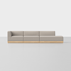 A modern, light gray sectional sofa with wooden base, featuring three seats and a chaise lounge on the right, set against a plain white background.