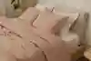 A neatly made bed with a beige upholstered headboard, white sheets, and light pink comforter and pillows. A green potted plant stands in the corner, and soft daylight fills the room.