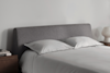 A neatly made bed with a gray upholstered headboard, white bedding, two pillows, and wooden nightstands on each side holding books and a white lamp. The wall behind is plain and light-colored.