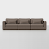 A modern, three-seat brown sofa with clean lines, square arms, and matching rectangular cushions, set against a plain white background.