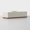 A modern, modular sectional sofa with light beige upholstery and a low wooden base, arranged in an L-shape on a plain light gray floor with a white background.