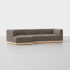 A modern, sectional sofa with brown upholstery and a light wooden base, positioned on a light grey floor against a plain white background.