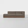 A modern, brown sectional sofa with clean lines, low wooden base, left chaise lounge, and right armrest, set against a plain white background.