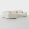 A modern, L-shaped sectional sofa upholstered in off-white fabric with clean lines, plush seat and back cushions, and a minimalist design, set against a plain white background.