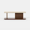 Modern coffee table with a rectangular light-colored stone top, a wooden base, and a central vertical wooden panel for support, set against a plain white background.