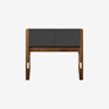 A modern wooden chair with a dark gray cushioned seat and backrest, viewed from the front against a plain white background.