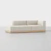 A modern sectional sofa with light beige upholstery and a low wooden base, featuring a left-facing chaise lounge and right-angle backrest, set against a plain white background.