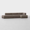 A modern, brown sectional sofa with a low back and clean lines, positioned on a light gray floor against a plain white background.