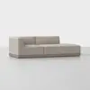A modern, minimalist beige sectional sofa with a low backrest and wide seating, set on a rectangular wooden base, placed in a bright, empty room with a white floor and background.