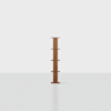 A tall, narrow wooden shelving unit with five small shelves protruding from a central vertical support, standing alone on a plain white background.