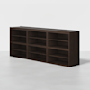 A dark wooden bookshelf with eight open square cubbies, arranged in two rows and four columns, standing against a plain white background.