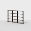 A modern, dark wood bookshelf with four rows and four columns, creating sixteen open rectangular compartments, set against a plain white background.